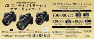 αフルサイズミラーレスキャッシュバックキャンペーン!α7RIII,SEL24105Gなど対象ボディやレンズ購入で最大3万円キャッシュバック