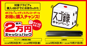 【最大2万円キャッシュバック】対象のブラビアを購入またはすでにお持ちのかた 4Kブルーレイディスクレコーダーをお得に購入するチャンス！「スゴ録」キャンペーン